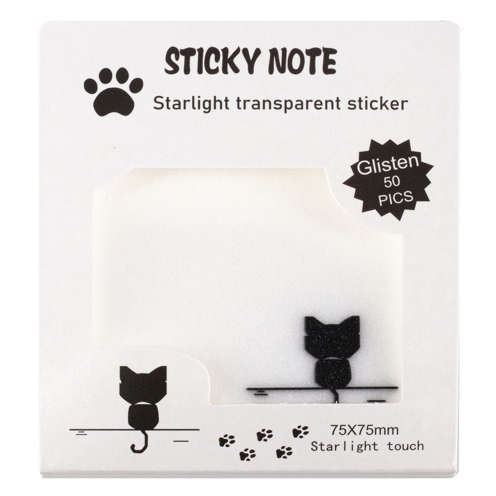 Прозрачные стикеры для заметок с клеевым краем, Alingar, 75 х 75 мм, 50 л., покрытие starlight touch, "Black KITTEN", белый, водонепрониц., европодвес