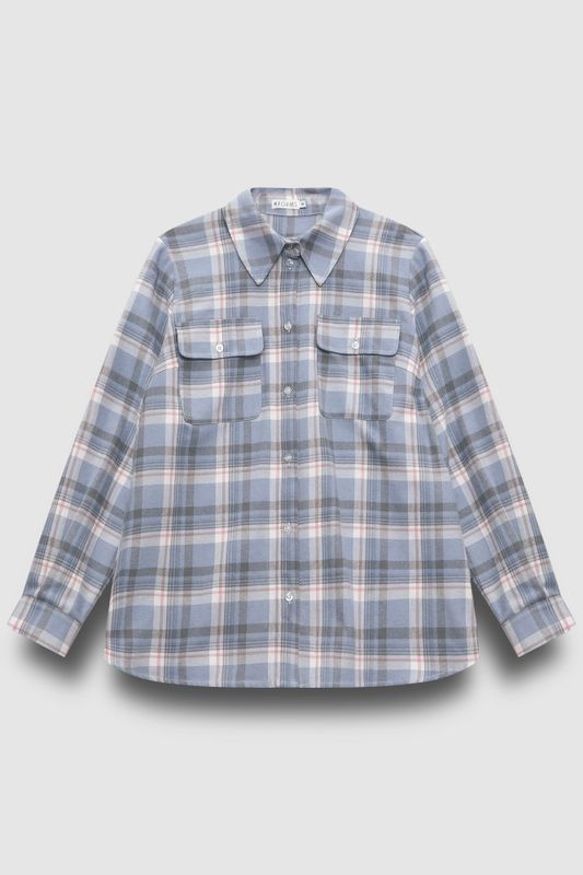 Рубашка с карманами-клапанами в клетку, голубой