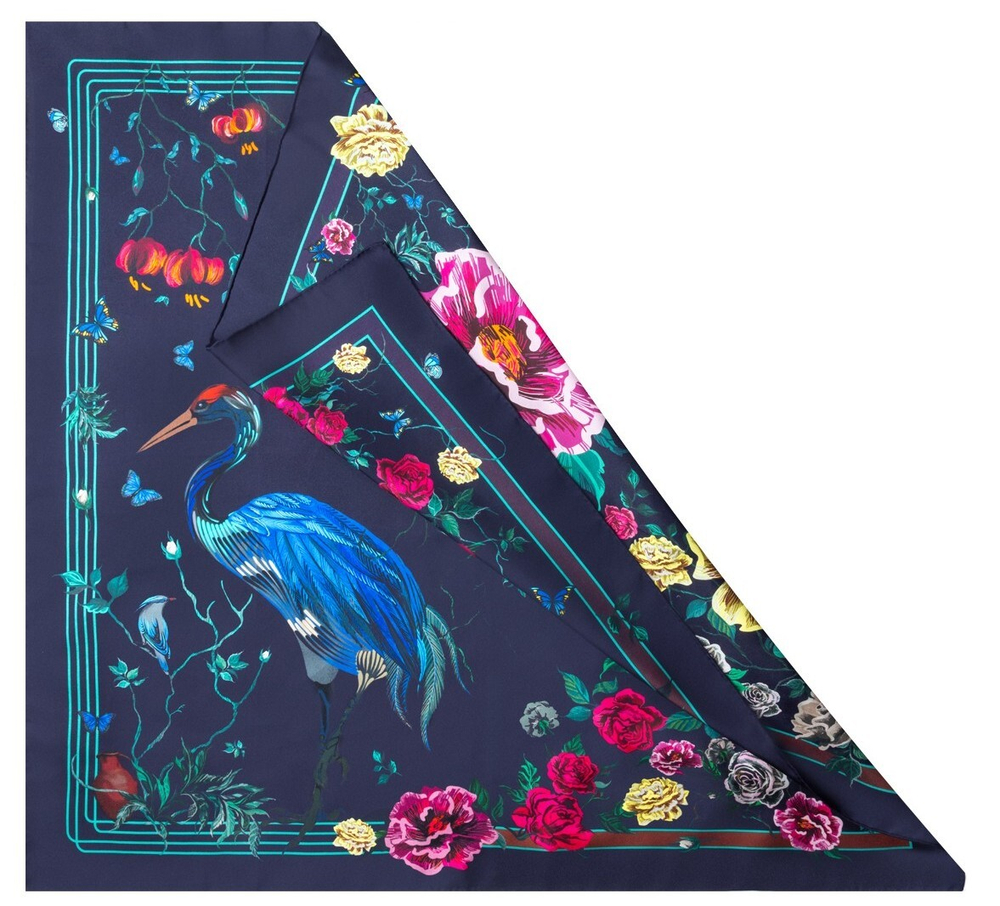 Шелковый платок 90x90 Mollen Журавль ежевично-черный