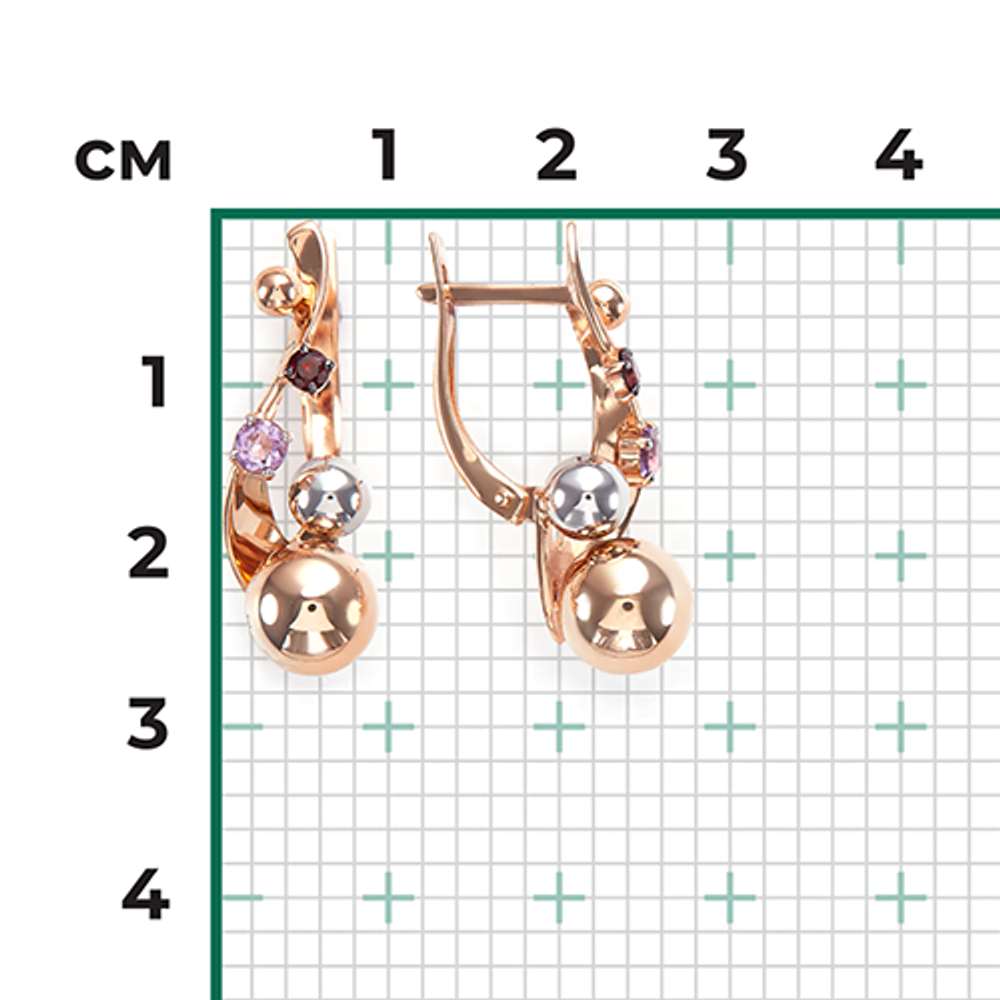 Серьги «Кометы» с английским замком из комбинированного золота с аметистом и гранатом