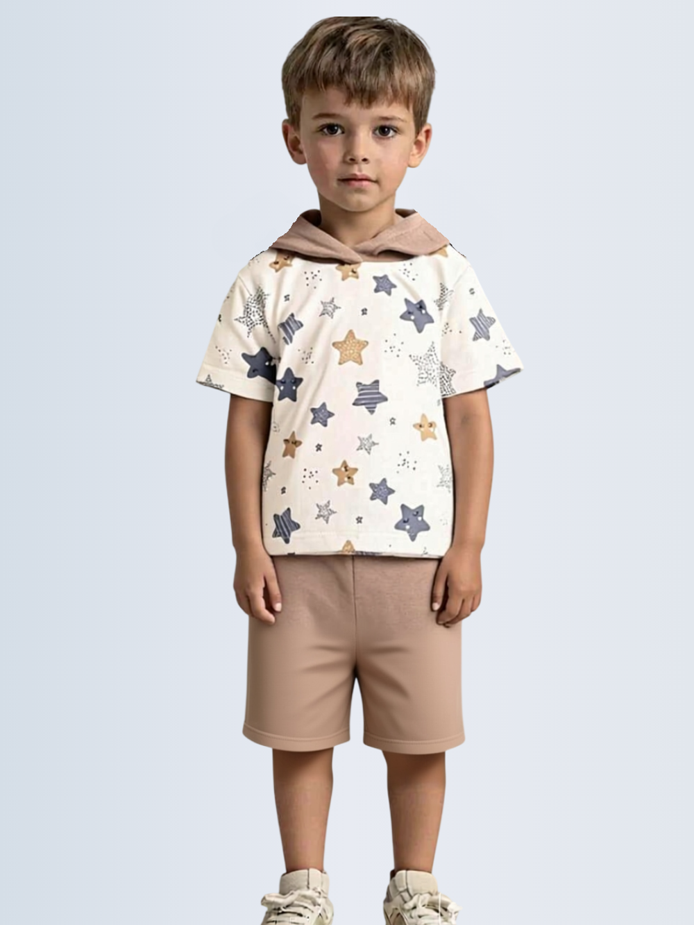 10504 Комплект детский футболка с шортами звезды на молочном/кофе с молоком (64-122/128)