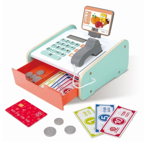Детская деревянная касса с бумажными деньгами 19 предметов