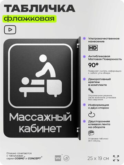 Табличка Массажный кабинет флажковая на стену, двусторонняя с крепежом, 19 х 25 см, для офиса, кафе, фитнес-клуба, серия COSMO, Айдентика Технолоджи
