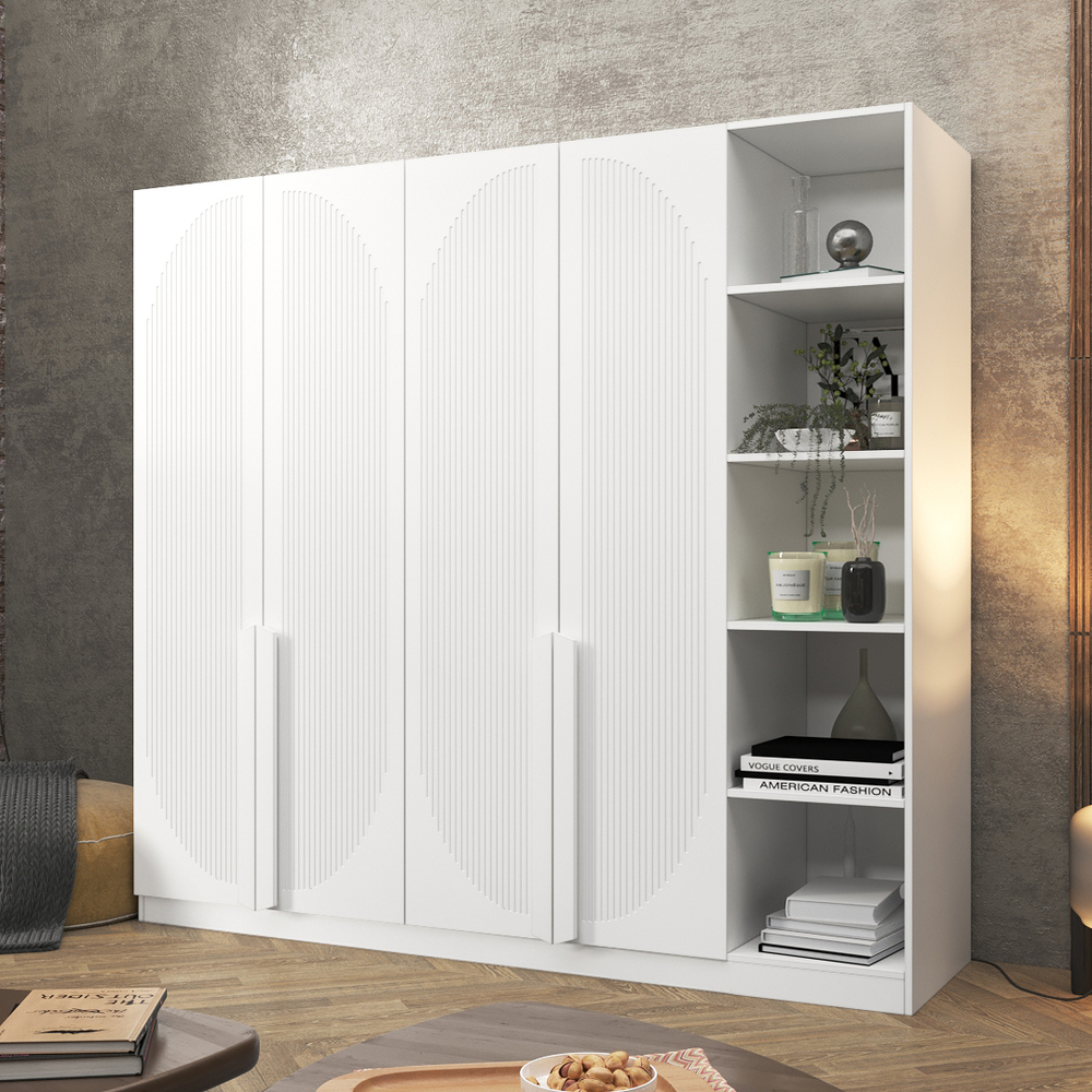 Шкаф Агератум МДФ четырехсекционный с стеллажом в белой эмали - Белый Фасадный 0101  210*60*240