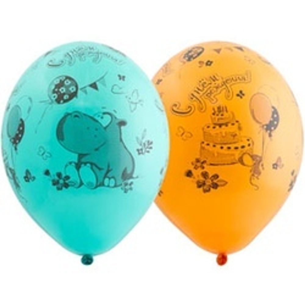 Шар (14"/36 см) Шелкография пастель, ДР Бегемот с тортом 25 шт.