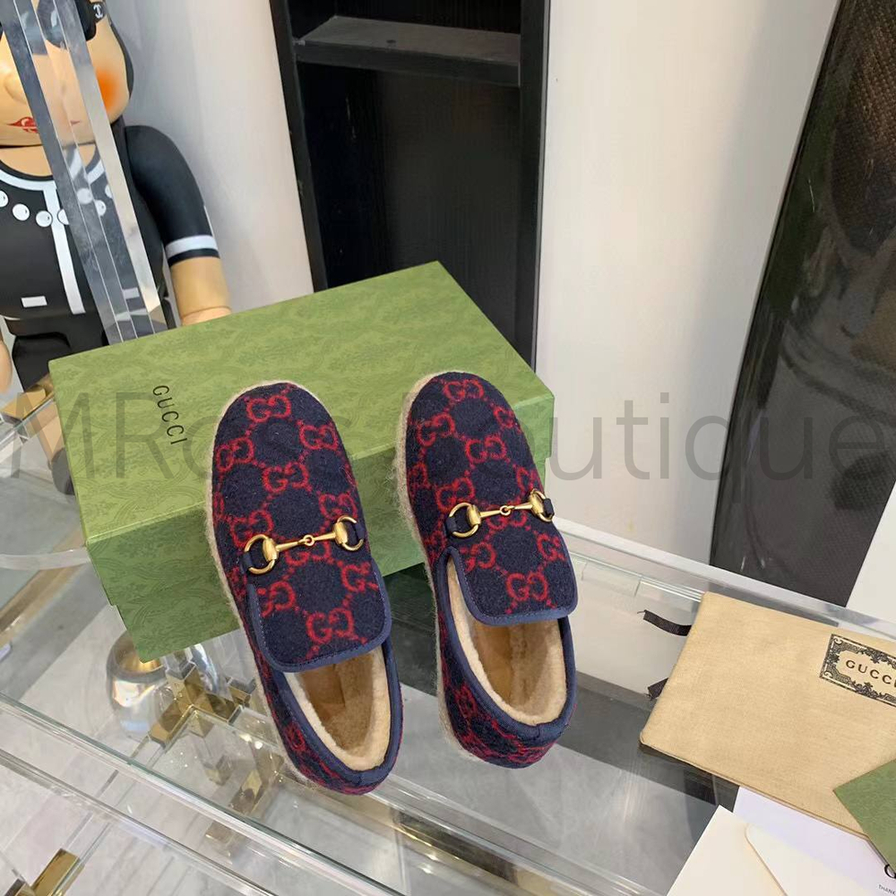 Женские лоферы Gucci GG Wool меховые с красным узором