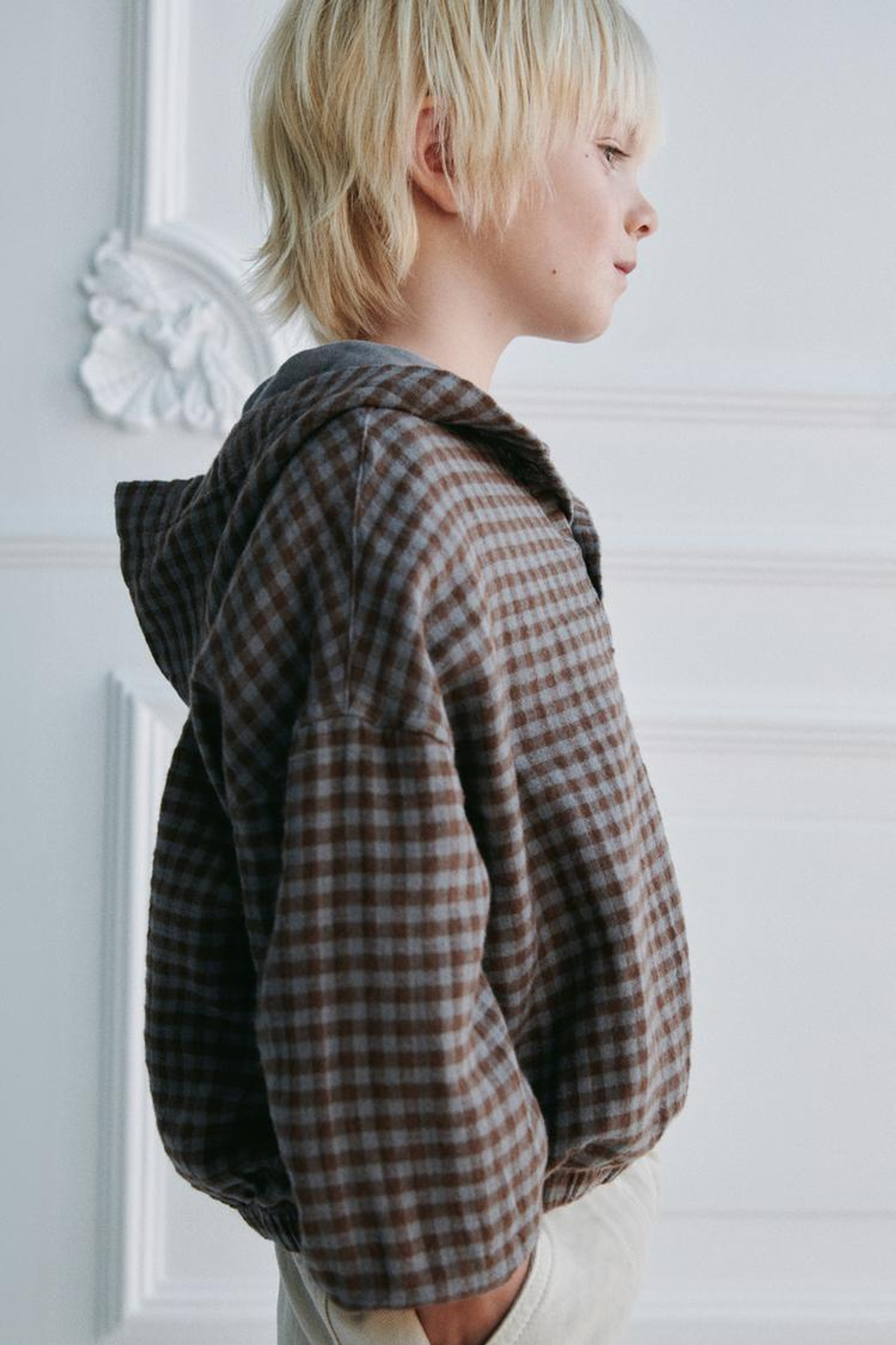 ZARA КУРТКА-РУБАШКА В КЛЕТКУ С КАПЮШОНОМ, КОРИЧНЕВЫЙ