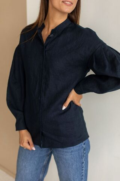 Рубашка Людмила изо льна темно-синего цвета