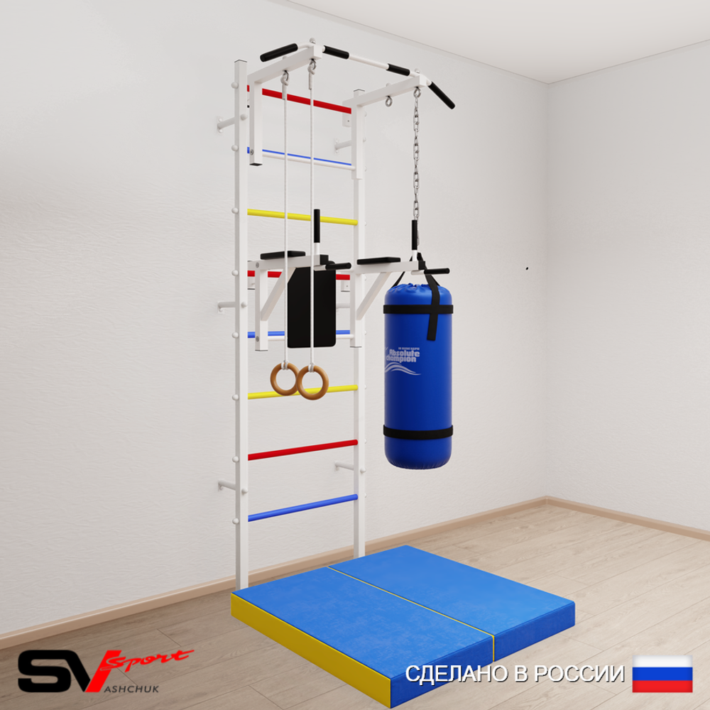 Шведская стенка Sv Sport усиленная 6717 (Турник стандарт/Брусья/Кольца/Цепь/Мешок 30кг/Мат 1м)