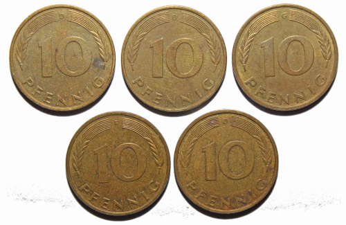 Набор из 5 монет 10 пфеннигов Германия ФРГ 1992-1996 гг. VF-XF
