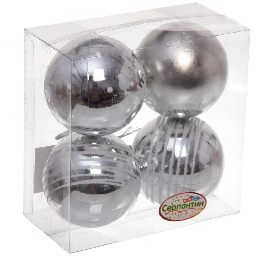 Новогодние шары 6 см (набор 4 шт) «Снежные нити», серебро/белый