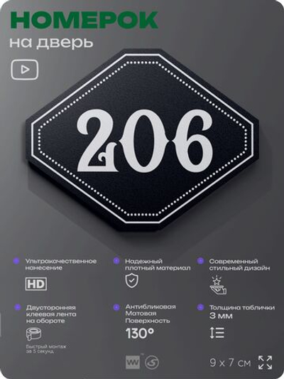 Номерок на дверь квартиры 206, для кабинета, офиса, шильдик 9 х 7 см, черный, Айдентика Технолоджи