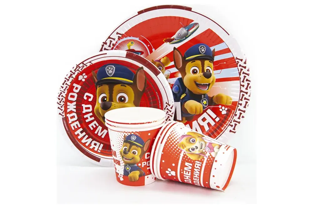 Тарелки (9''/23 см) Щенячий Патруль, С Днем Рождения!, Красный, 6 шт