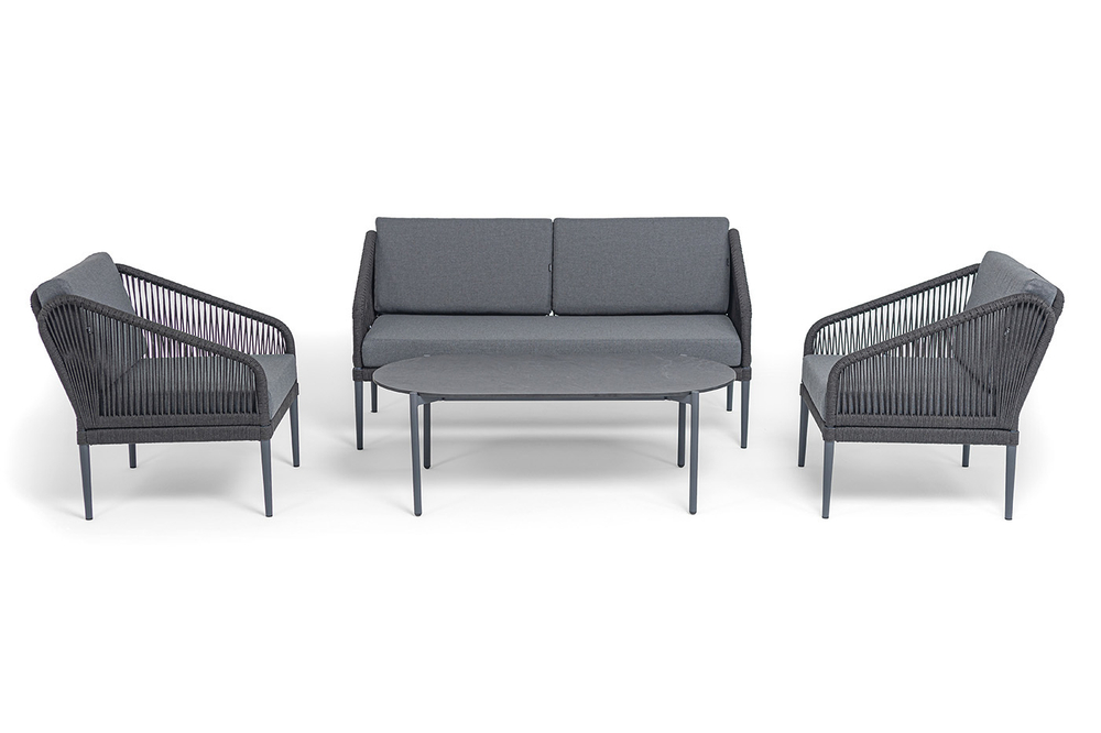 "Канны" лаунж-зона 4-местная (разборная) из роупа со столиком "Диего" цвета "серый гранит", роуп темно-серый круглый, ткань темно-серая