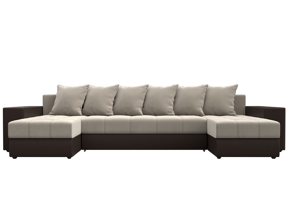 Диван П-образный Дубай полки слева, Бежевый\Коричневый, Микровельвет\Экокожа, 31510