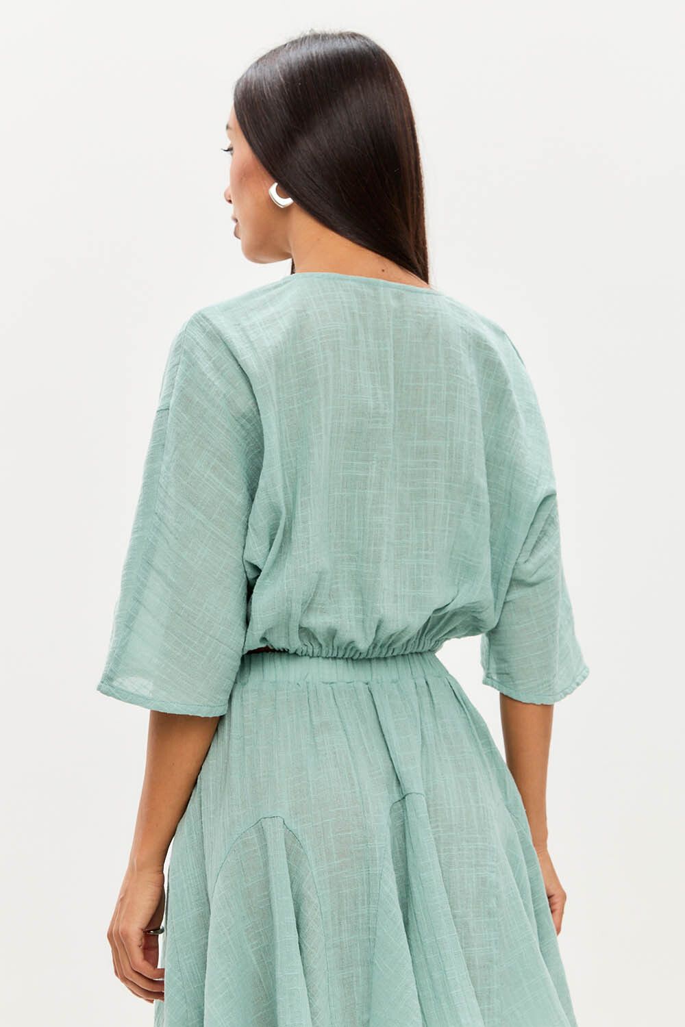 Блуза с завязками из хлопка stone wash мятного цвета