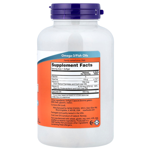 NOW Foods, Cod Liver Oil, 650 мг, 250 мягких желатиновых капсул