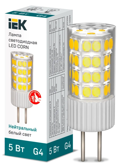 Лампа светодиодная CORN капсула 5Вт 230В 4000К керамика G4 IEK