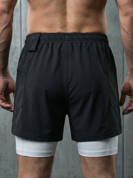 Шорты двойные тренировочные LEGENDA Gym чёрные с белым лого