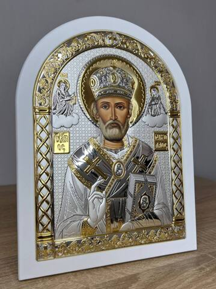 Николай Чудотворец, икона арочная, белое дерево 206х275