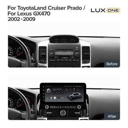 Магнитола для Toyota Land Cruiser Prado 120, Lexus GX470 (JBL, экран климата внизу) - Teyes LUX ONE 360 монитор 12.3" на Android 10, CarPlay, 4G SIM-слот, 4 камеры в комплекте, 6/128ГБ