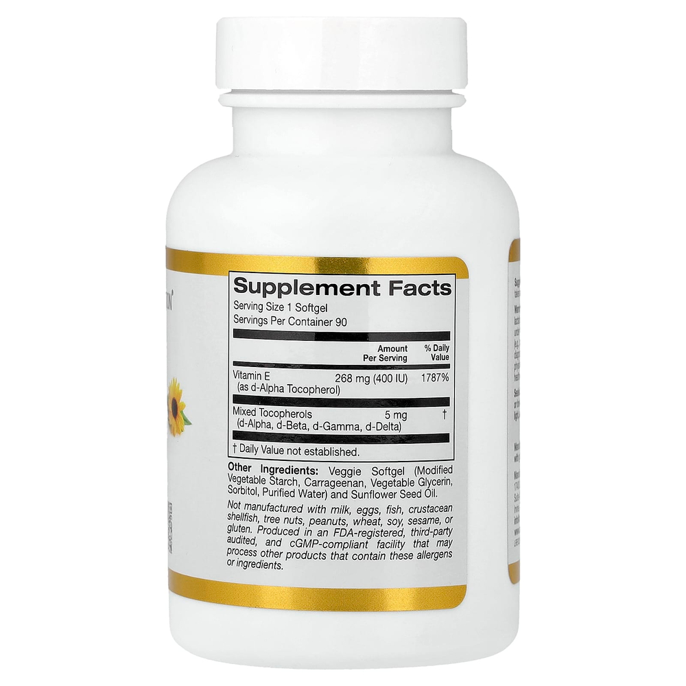 California Gold Nutrition, витамин E из подсолнечника со смешанными токоферолами, 400 МЕ, 90 растительных капсул