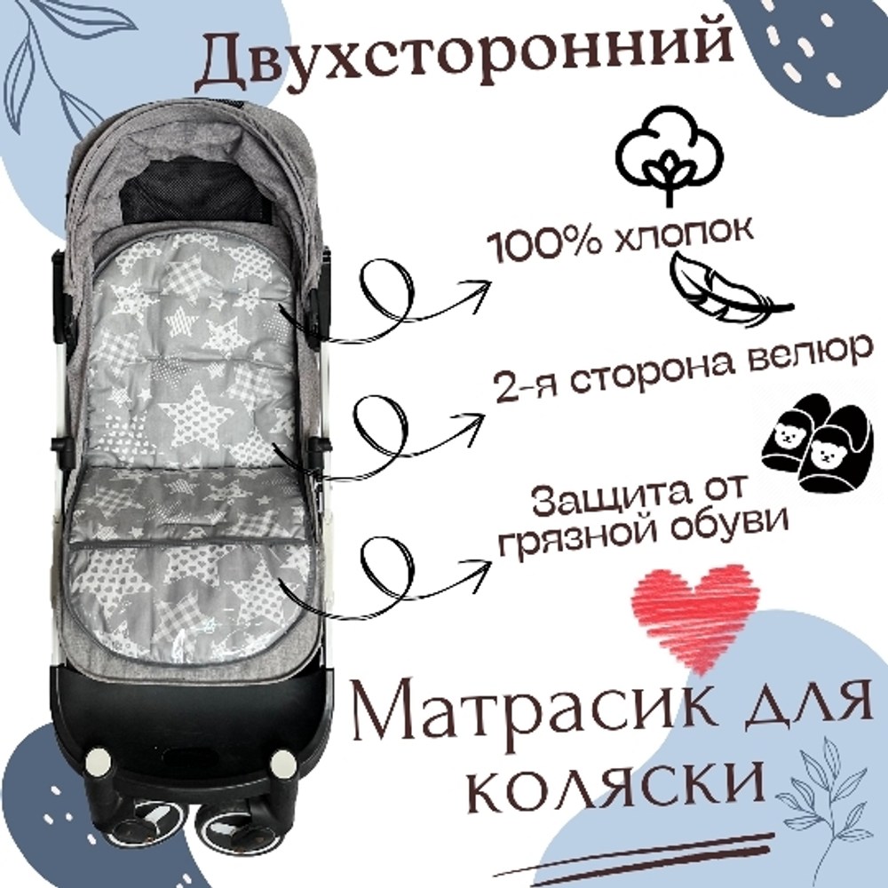 Матрасик в коляску с подножкой из ПВХ пленки серые звезды