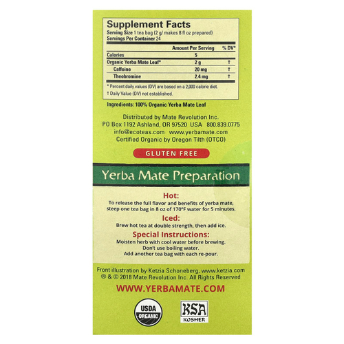 EcoTeas, йерба мате, «зеленая энергия», без копчения, 24 чайных пакетика, 48 г (1,7 унции)