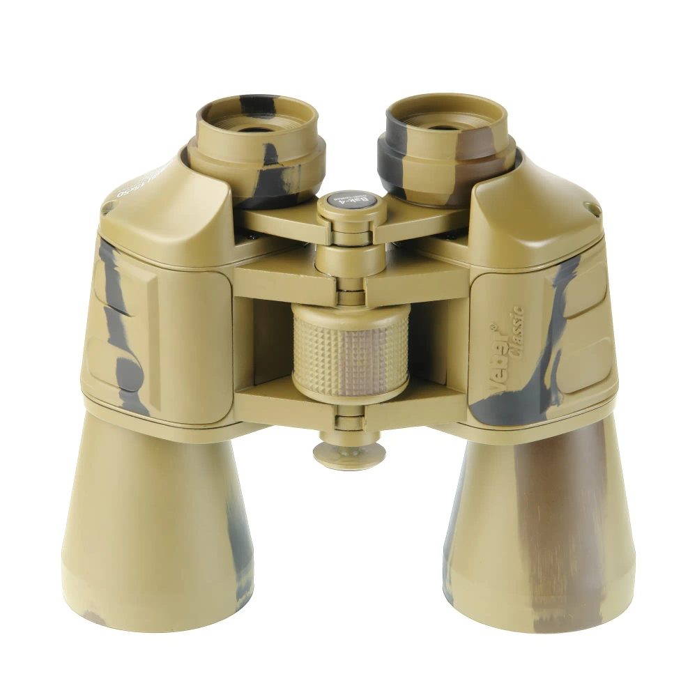 Бинокль Veber Classic БПШЦ 15x50 VRWA камуфляж, вид спереди, крупный план корпуса