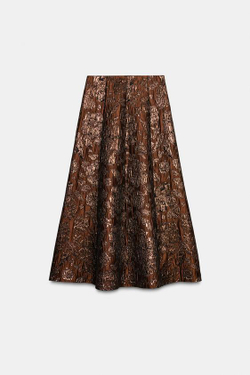 ZARA БЛЕСТЯЩАЯ ЖАККАРДОВАЯ ЮБКА-КЛЁШ, ОХРА