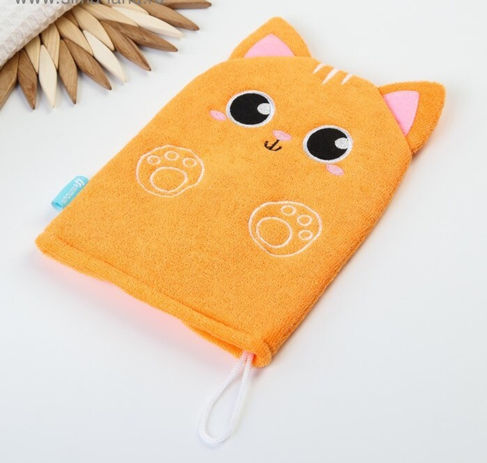 3612501 Мочалка детская для купания «Котик», варежка, из махры