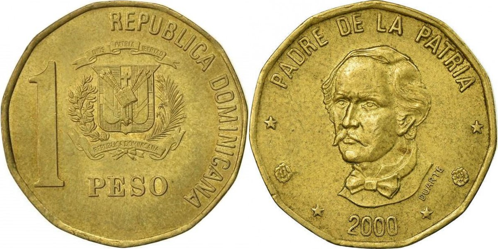 Доминикана 1 песо, 1992 - 2008 Хуан Пабло Дуарте XF