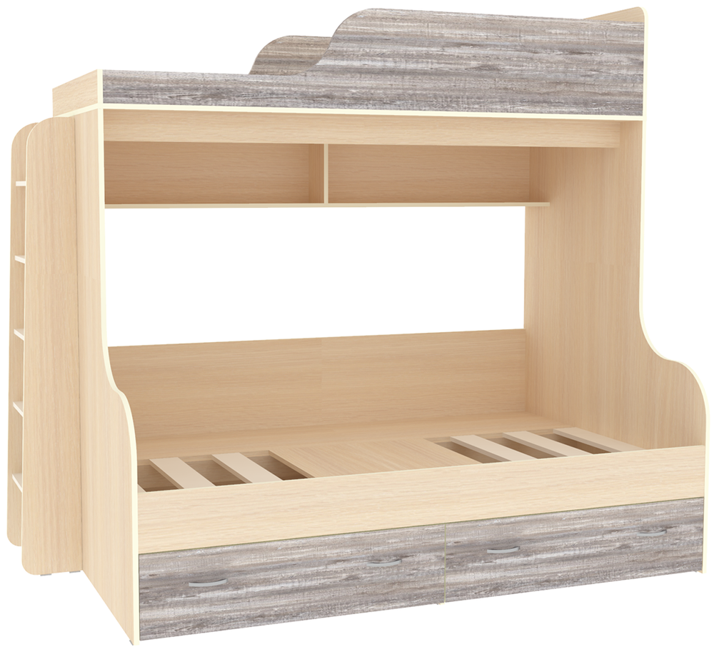 Двухъярусная кровать КарИВи Дуэт-15 с деревянной лестницей  Дуб Молочный Бетон