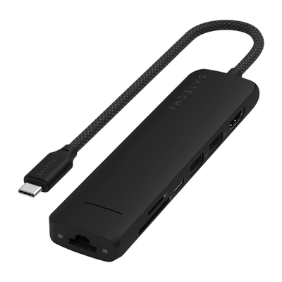 USB-Хаб Satechi Slim Multiport (USB-C) (ST-P7S) Подключение: встроенный кабель USB-C 3.2 Gen 2 с оплёткой. Порты: USB-C (PD 100 Вт), 2 USB-A 3.2 Gen 2, microSD UHS-I, SD UHS-I, HDMI (до 4K 60 Гц), Gigabit Ethernet. Есть LED-индикация