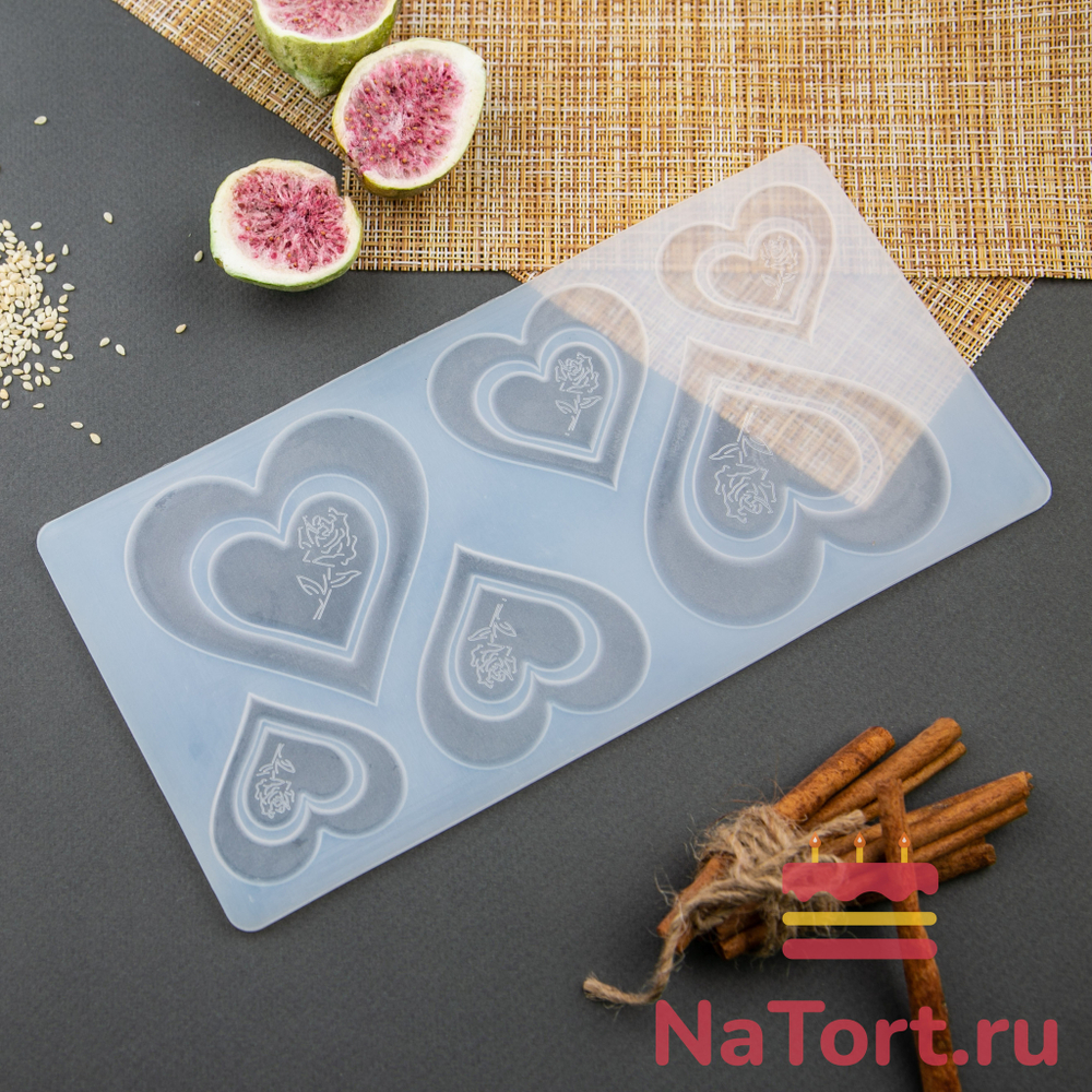 Силиконовый мат для отливки шоколада «Сердца с розой»