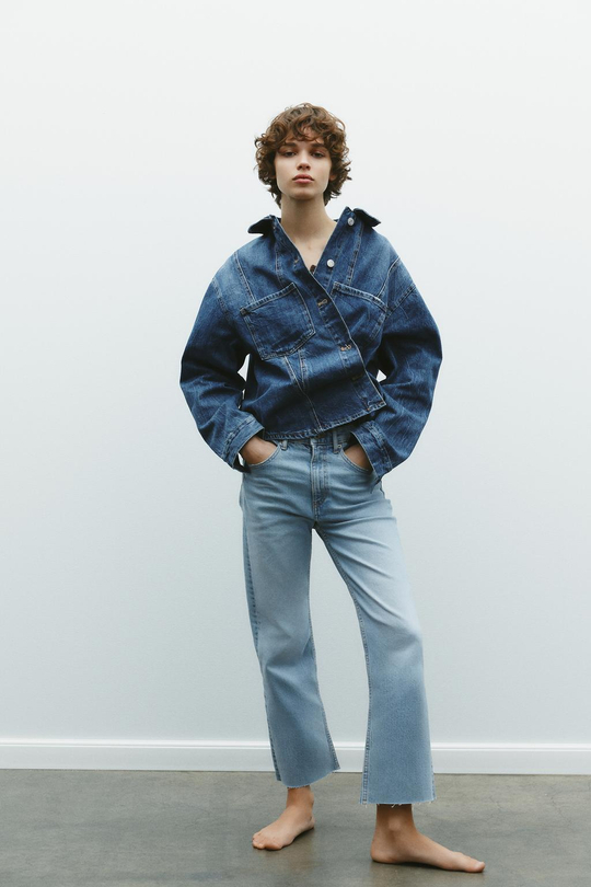 ZARA ДЖИНСЫ TRF CROPPED FLARE С ВЫСОКОЙ ПОСАДКОЙ, НЕБЕСНО-ГОЛУБОЙ