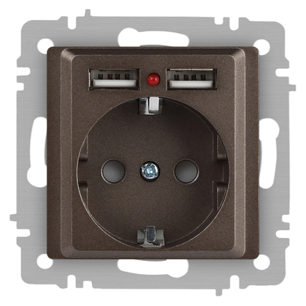 Розетка Intro Accent 6-410-08 с заземлением 2P+E Schuko со шторками 16А-250В + 2хUSB IP20 СУ бронза