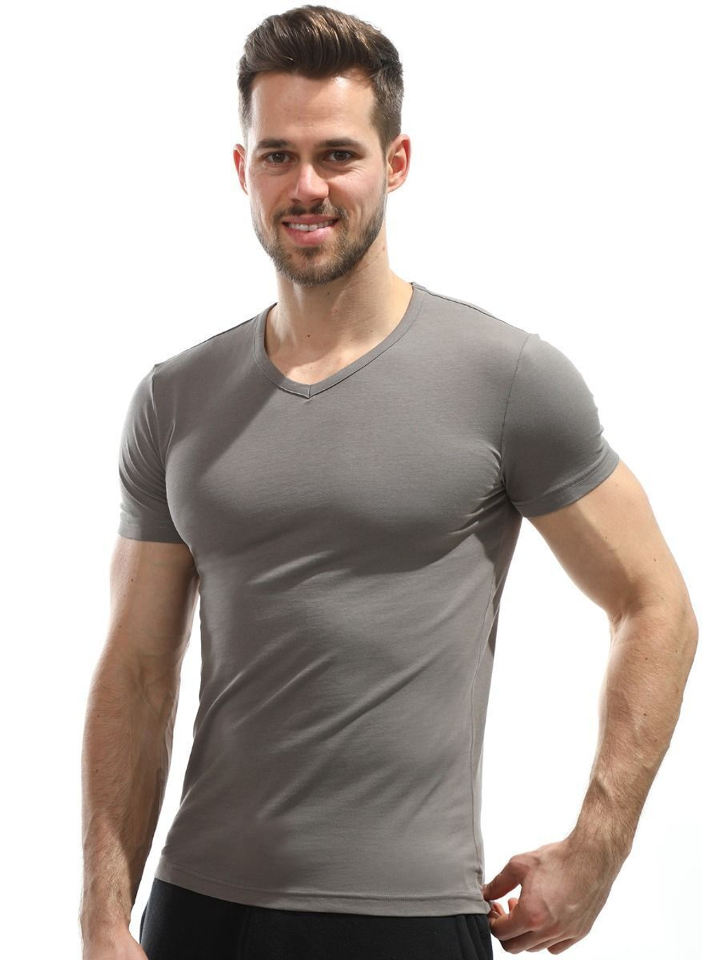 Мужская хлопковая футболка с V-образным вырезом горловины (Размер: XL) (Цвет: темно-синий)