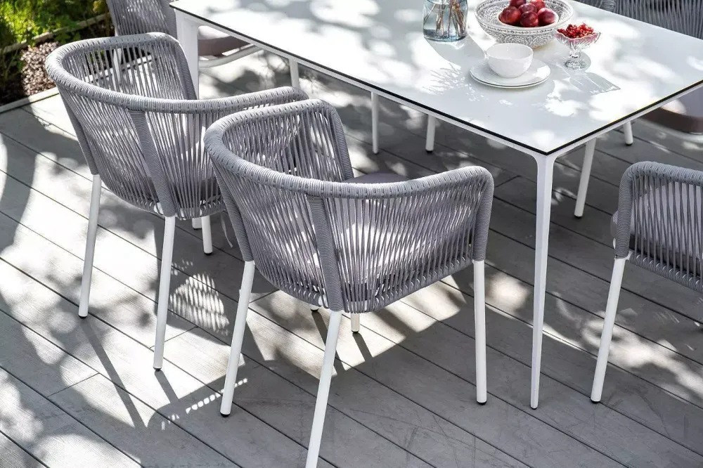 "Малага" обеденная группа на 6 персон со стульями "Марсель", каркас белый, роуп светло-серый