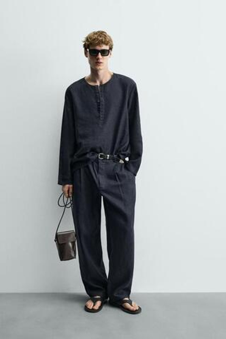 ZARA ШИРОКИЕ БРЮКИ ИЗ 100% КОНОПЛИ СО СКЛАДКАМИ, МОРСКОЙ ТЕМНО-СИНИЙ