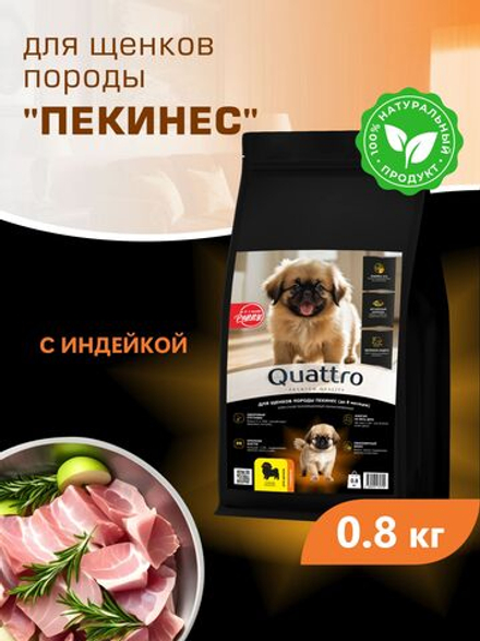 Корм сухой для щенков породы Пекинес, с индейкой, 800 гр, QUATTRO
