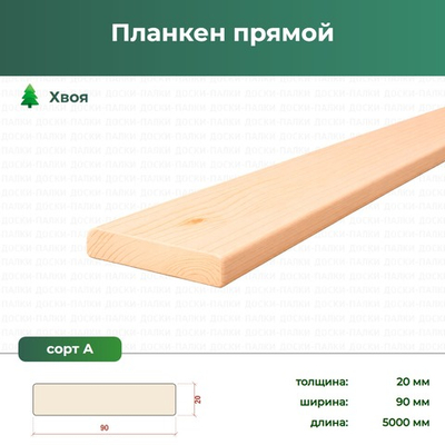 Планкен прямой Хвоя, 20×90×5000 мм, сорт А