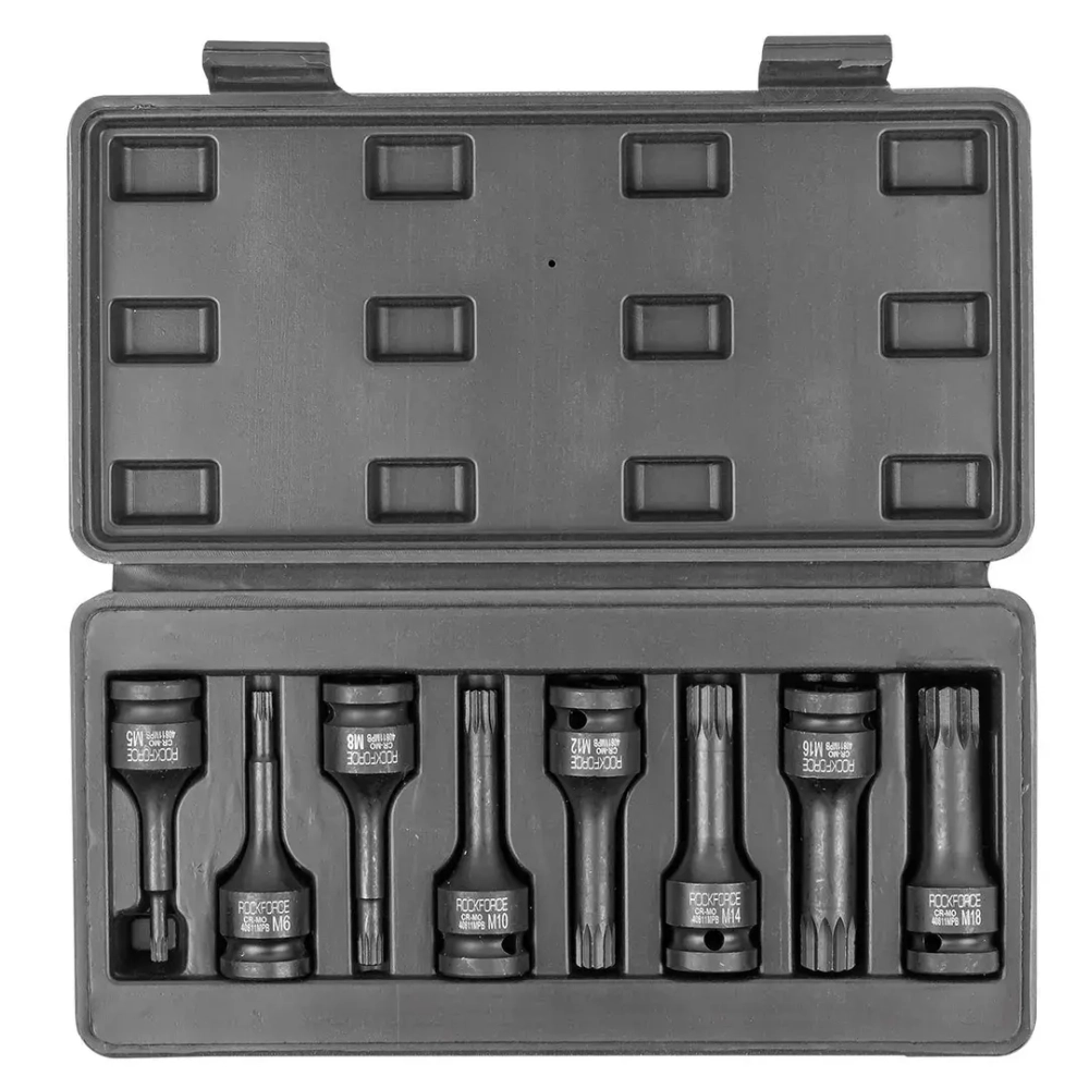 Набор головок-бит SPLINE ударных 8пр.,1/2''(M5, M6, M8, M10, M12, M14, M16, M18), в кейсе RockForce##Rock FORCE RF-40811MPB