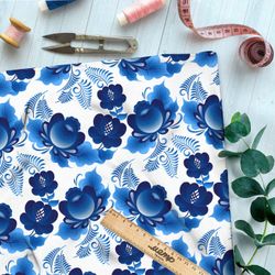 Ткань премиум шелк искусственный Армани вариации на тему гжели