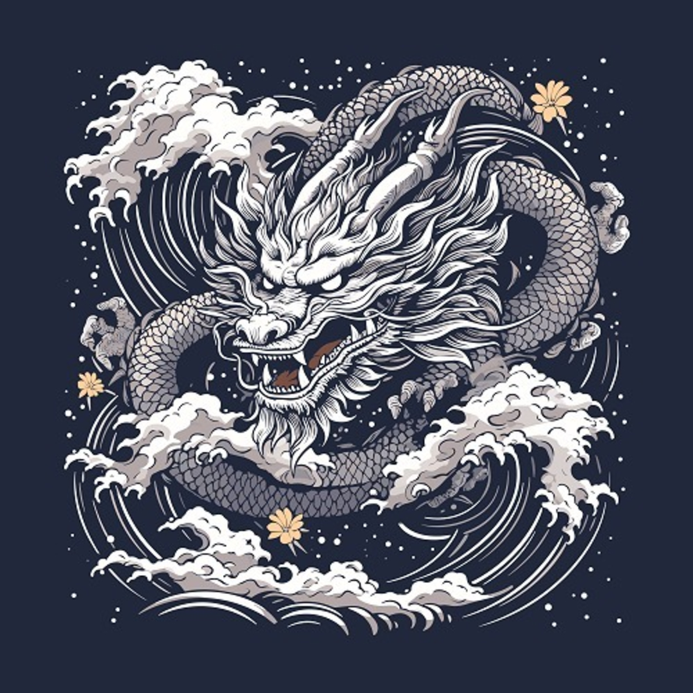 принт PewPewCat Японский дракон темно-синий