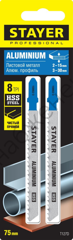 STAYER T127D, T-хвост., HSS сталь, по мягкому металлу толщиной 2-15мм, шаг зуба 3мм, (8TPI), раб. длина 75мм, 2шт, Полотна для лобзика (159952-3)
