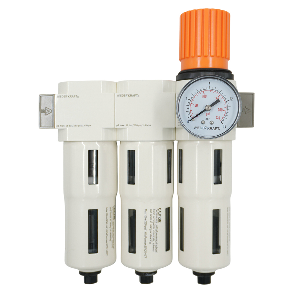WDK-70730FA Блок подготовки воздуха 3/8", 16 бар, трехступенчатый с влагоотделителем 25-5-0.3 мк, аввтоматический сброс