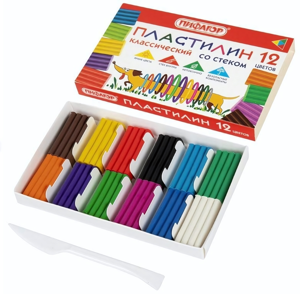 Пластилин классический 12цветов 180 г,со стеком "Веселая такса" (ПИФАГОР)