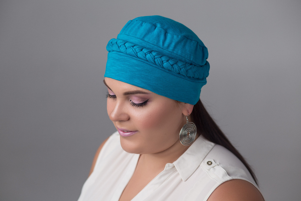 Шапочка КЛЭР с косичкой, тюрбан из хлопка, бирюза Elza Meyger