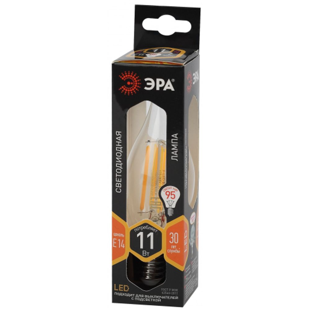 Лампочка светодиодная ЭРА F-LED BXS-11W-827-E14 Е14 / Е14 11Вт филамент свеча на ветру теплый белый свет